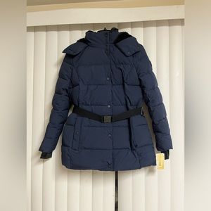 Michael Kors Women's Faux Fur Hooded Puffer Belted Coat Jacket